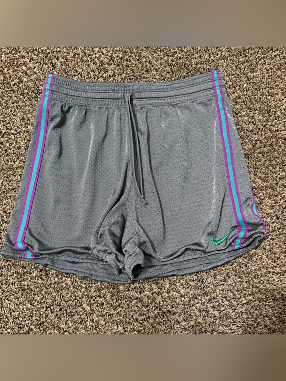 Nike Gray Mesh Athletic Shorts with Purple & Teal Side Stripes